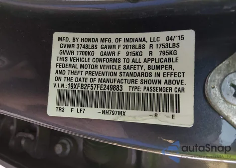 2015 Honda Civic Lx from USA, damaged, VIN 19XFB2F57FE249883